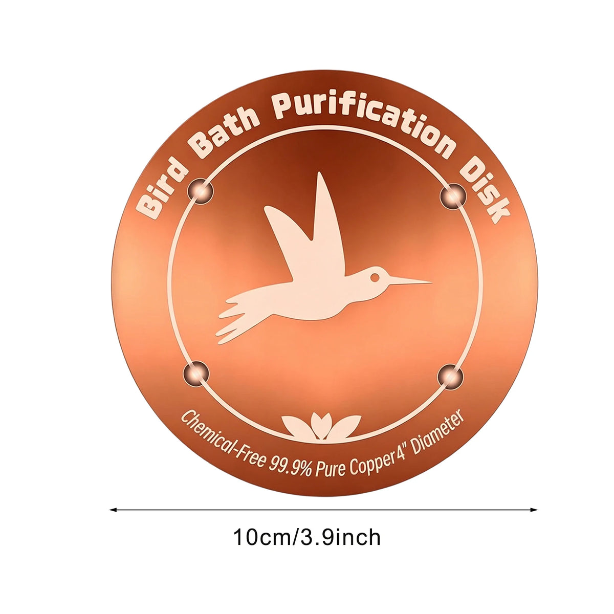 A round copper disk for bird bath purification featuring a dove silhouette and chemical-free coating.