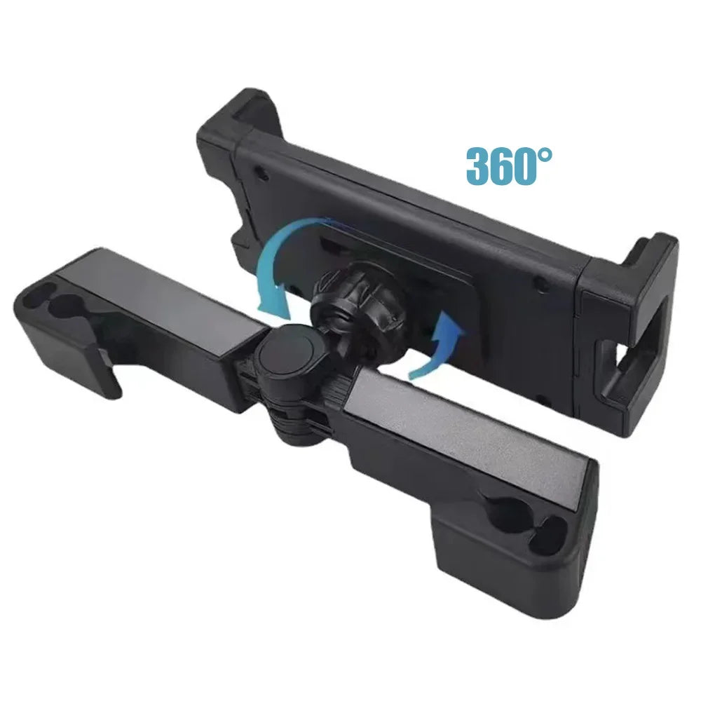 Black adjustable car tablet mount designed for rear seat entertainment.