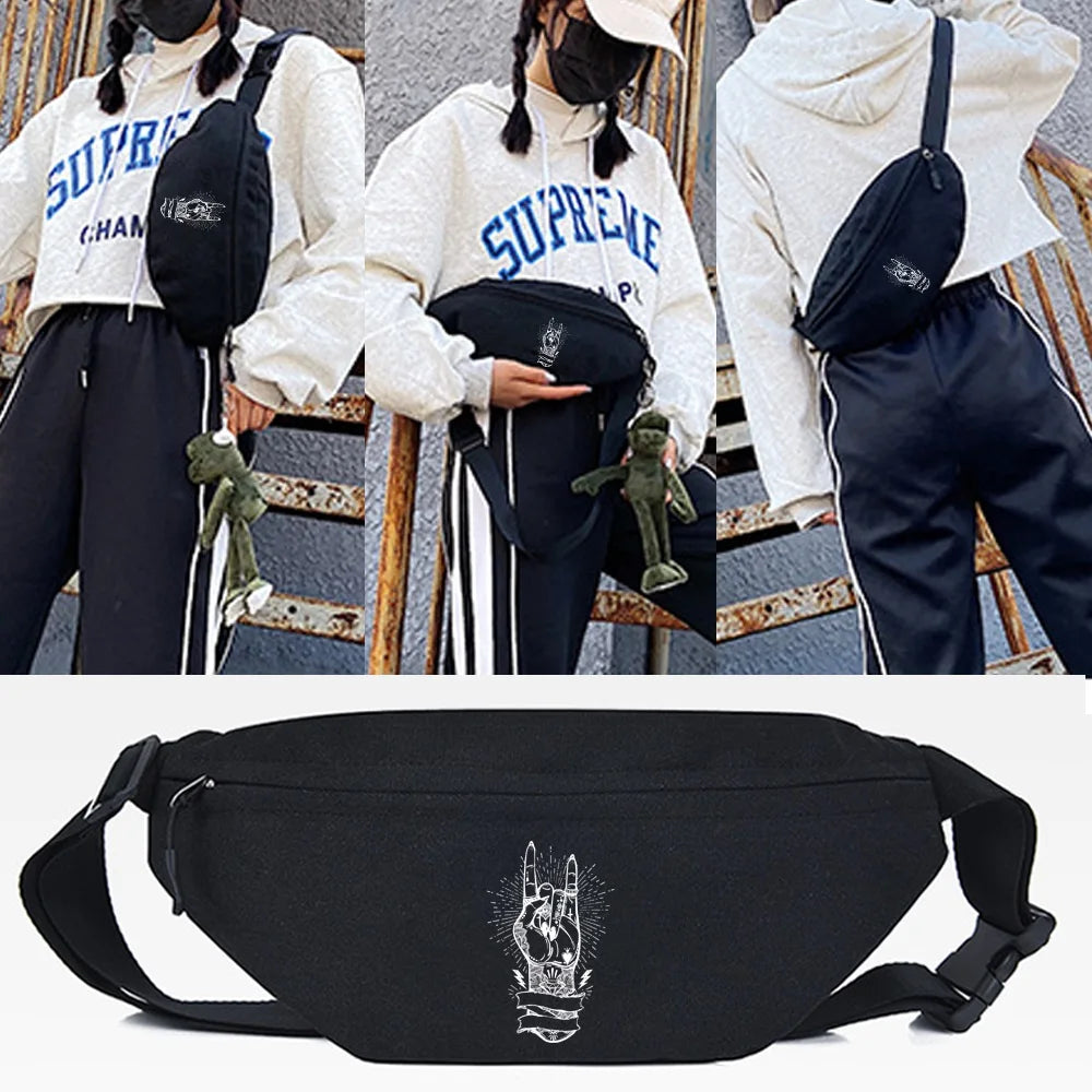 Black linen waist pack featuring a silver silhouette design shown against a neutral background.