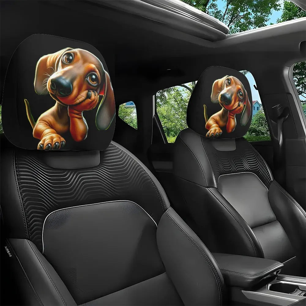 Two cute dachshund car headrest covers featuring dog illustrations on black leather seats.