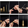A set of leather sewing awls and replaceable needles shown in various close-up views.