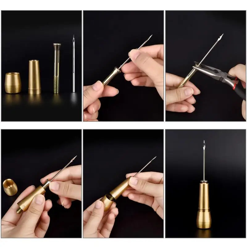 A set of leather sewing awls and replaceable needles shown in various close-up views.