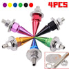 A set of four colored license plate screws with various metal finishes and a small ring tool.