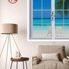A close-up view of a white window with a blue ocean view, featuring a mesh screen and zipper for mosquito protection.