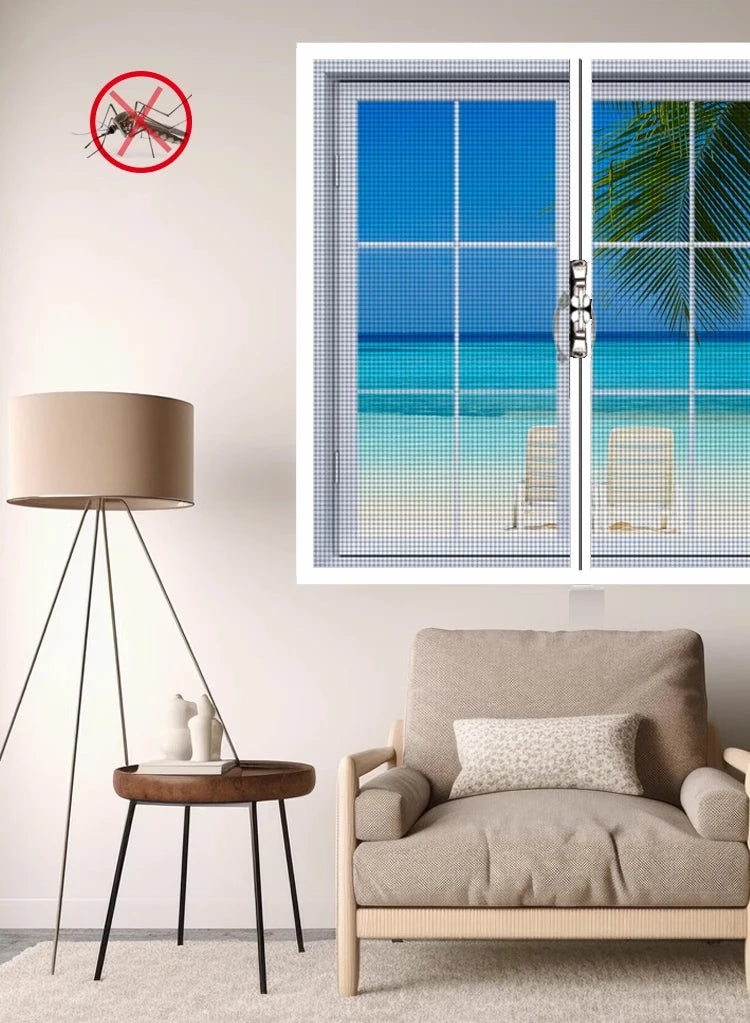 A close-up view of a white window with a blue ocean view, featuring a mesh screen and zipper for mosquito protection.