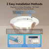 A hand is installing a white ceiling light onto a surface using a magnetic or screw mounting method.