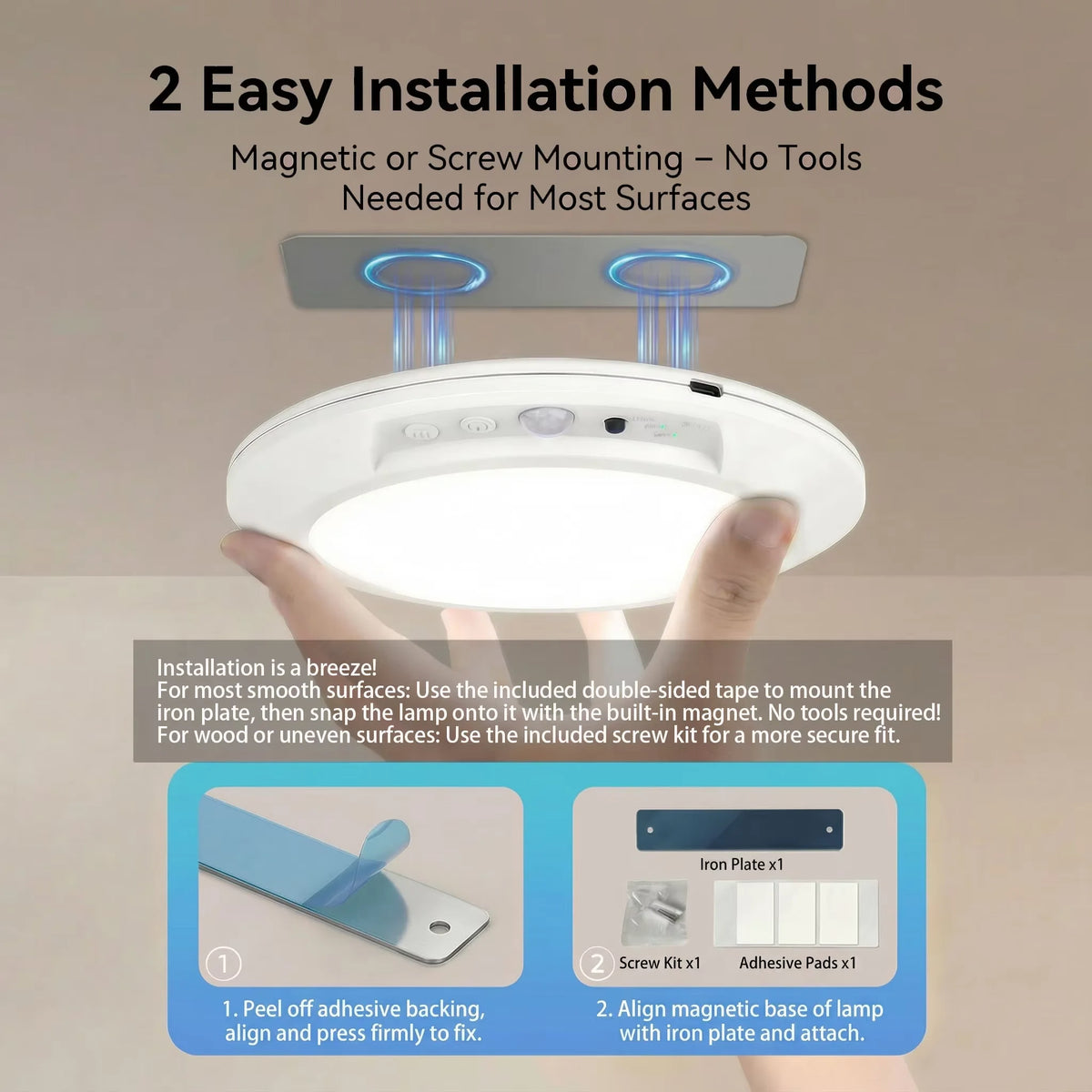 A hand is installing a white ceiling light onto a surface using a magnetic or screw mounting method.
