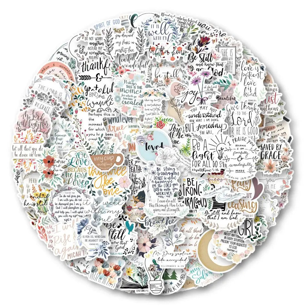 A circular arrangement of 100 inspirational Bible verse stickers featuring various scripture quotes and words.