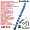 Blue KTM exhaust kit labeled K301BC-BL with various model options and hardware components
