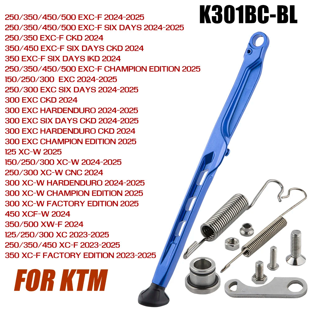 Blue KTM exhaust kit labeled K301BC-BL with various model options and hardware components