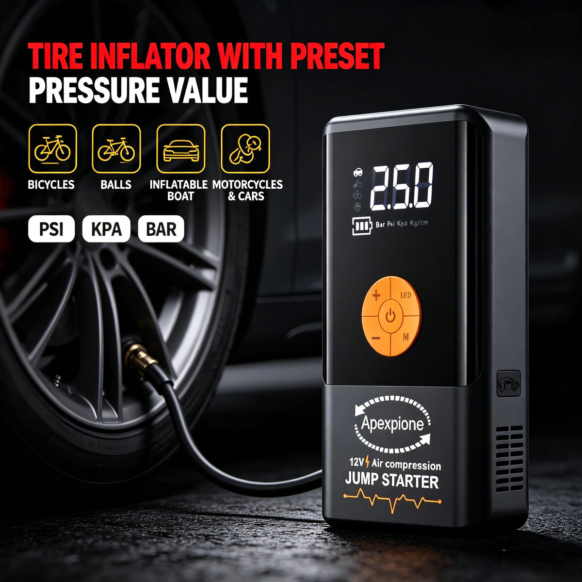 Black tire inflator with preset pressure value and jump starter function shown on a dark surface.