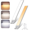 Three views of an ultra-thin rechargeable motion sensor LED cabinet light with a connector.