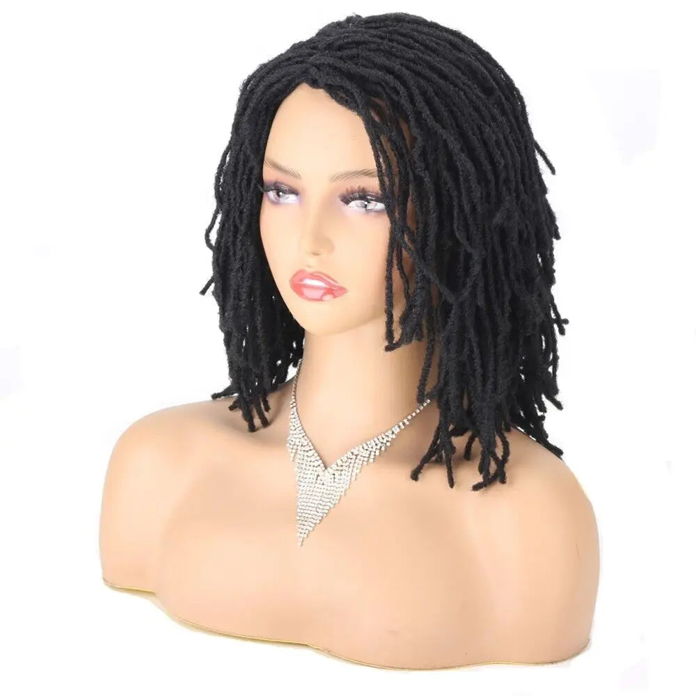 A black micro dreads synthetic wig displayed on a mannequin head.