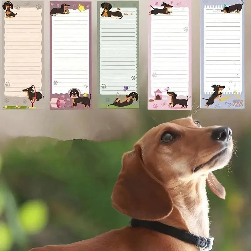 A set of magnetic dachshund themed to-do list notepads featuring various dog illustrations.