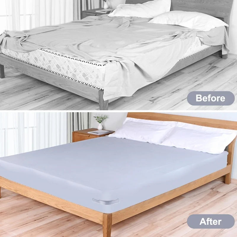 Before and after comparison of bed sheet corner grippers straps on a bed