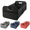 A set of three foldable car trunk organizers in gray, blue, and red with carry handles.