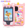 A pink unicorn-themed smart phone with dual cameras and music player features is shown.