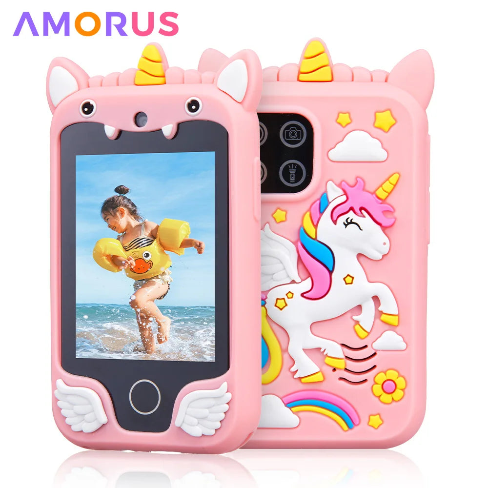 A pink unicorn-themed smart phone with dual cameras and music player features is shown.