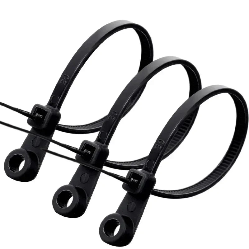 Black reusable screw-hole cable ties with mounting holes
