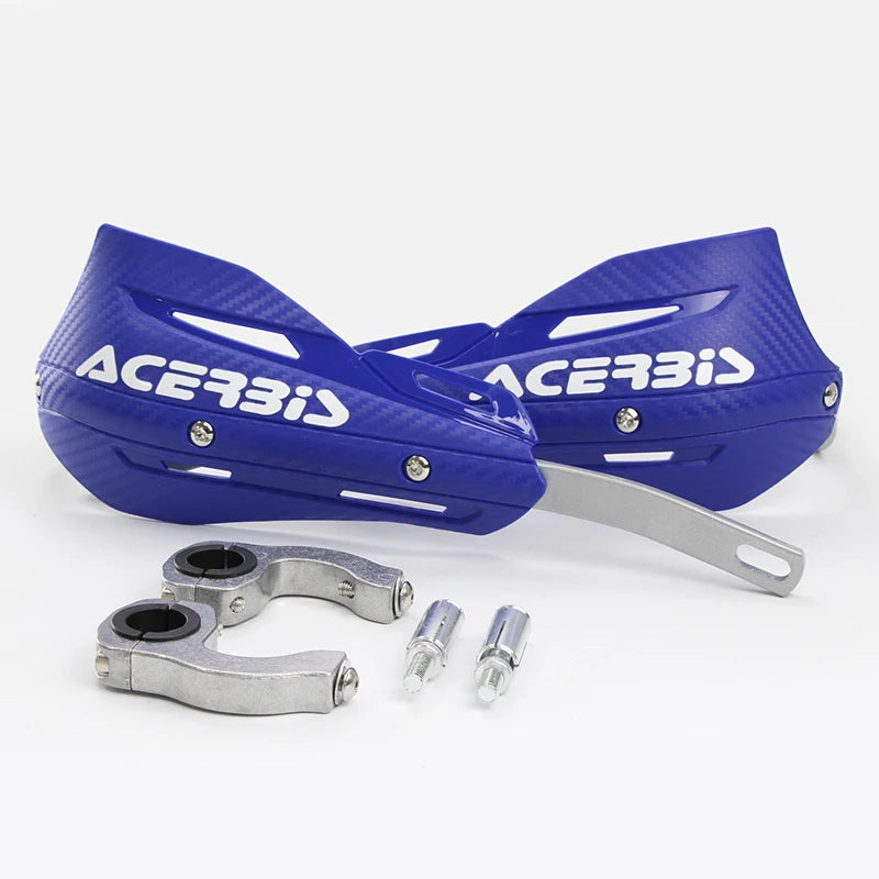 A pair of blue aluminum motorcycle handguards with Acerbis branding and mounting hardware.