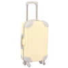 A light cream colored doll travel suitcase with a silver handle and gray accents.