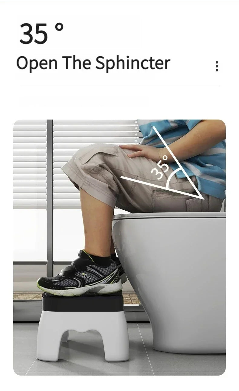 A person is using an ergonomic non-slip toilet squat stool while measuring a 35 degree angle.