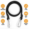 Black heavy-duty elastic bungee cords with metal carabiners shown with usage features.