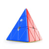 A magnetic speed cube shaped like a pyramid, divided into blue and red sections.