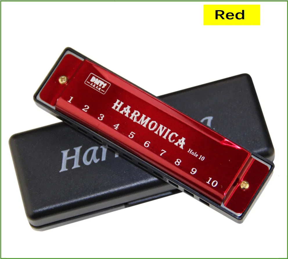 A red harmonica with ten holes is shown resting on its protective black case.