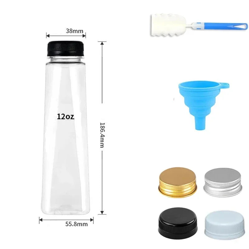 A set of reusable plastic juice bottles with tamper-evident caps, including a bottle, a scoop, and various caps.