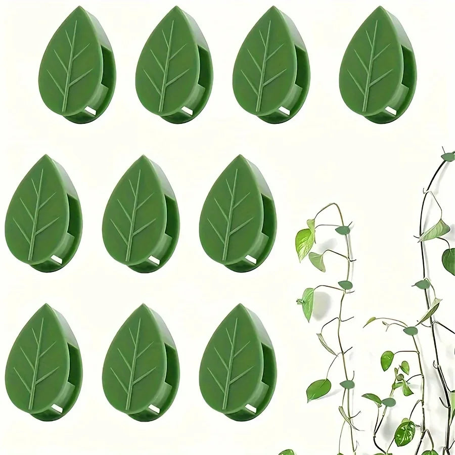 Green invisible plant wall clips designed to hold climbing vines.