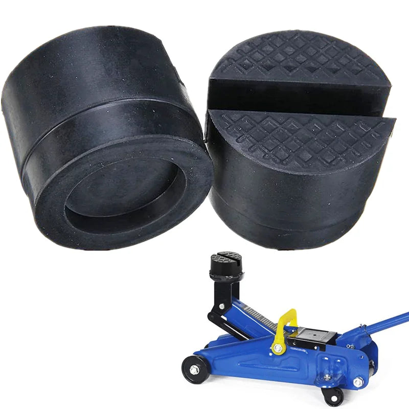 A set of black rubber car jack pads and a blue tool for using the universal car jack.