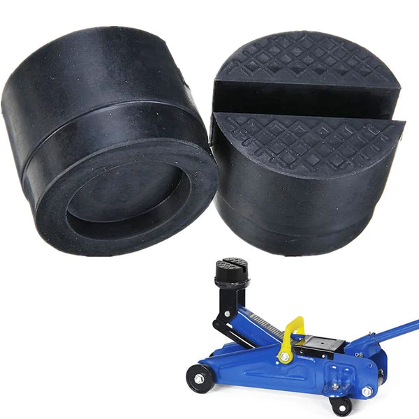 A set of black rubber car jack pads and a blue tool for using the universal car jack.