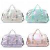 Three versions of a large capacity travel duffel bag in iridescent pink and purple finishes with light green straps.