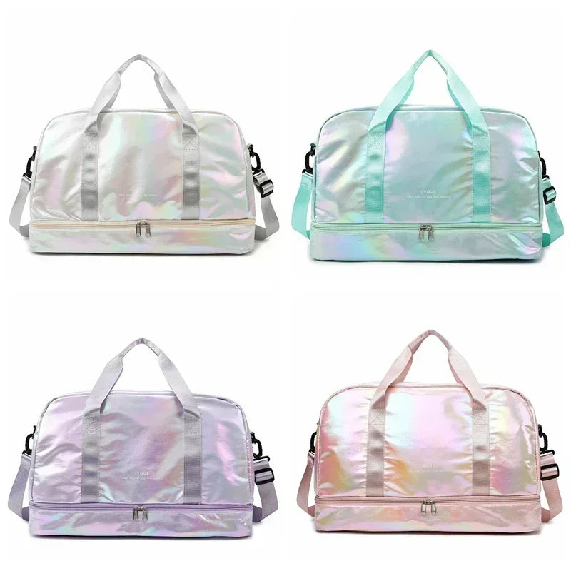 Three versions of a large capacity travel duffel bag in iridescent pink and purple finishes with light green straps.