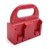 A red portable battery storage case with a handle and four slots for 18V Li-Ion batteries.