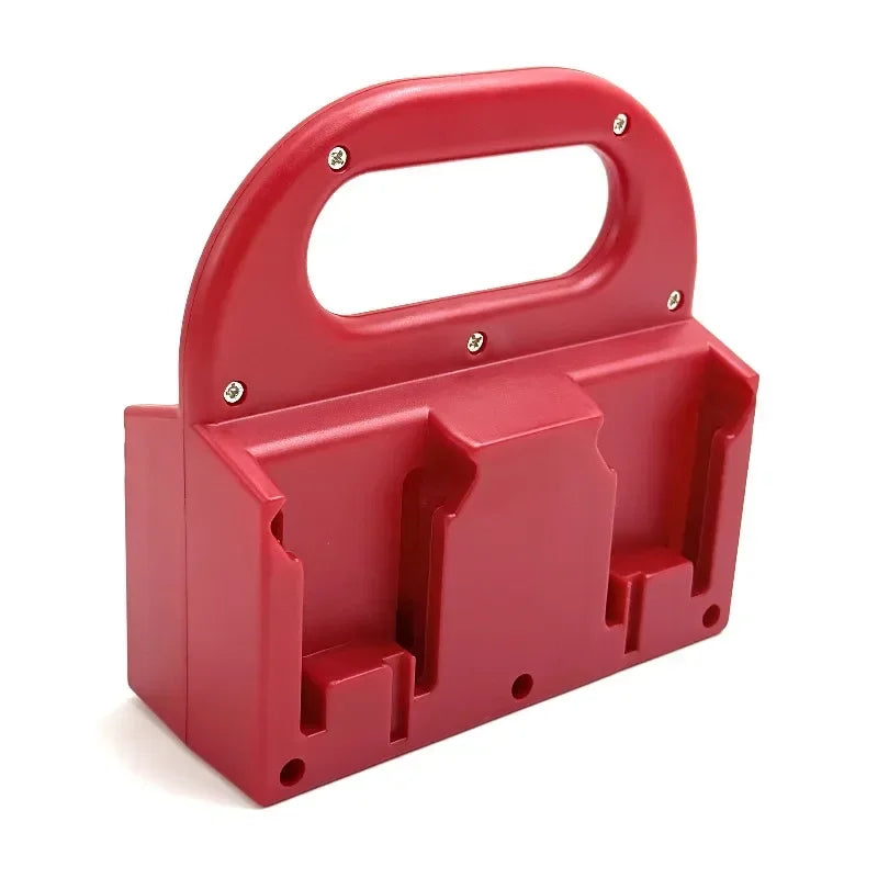 A red portable battery storage case with a handle and four slots for 18V Li-Ion batteries.