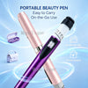 A portable beauty pen in pink and purple is shown with an open case and a small bag for on-the-go use.