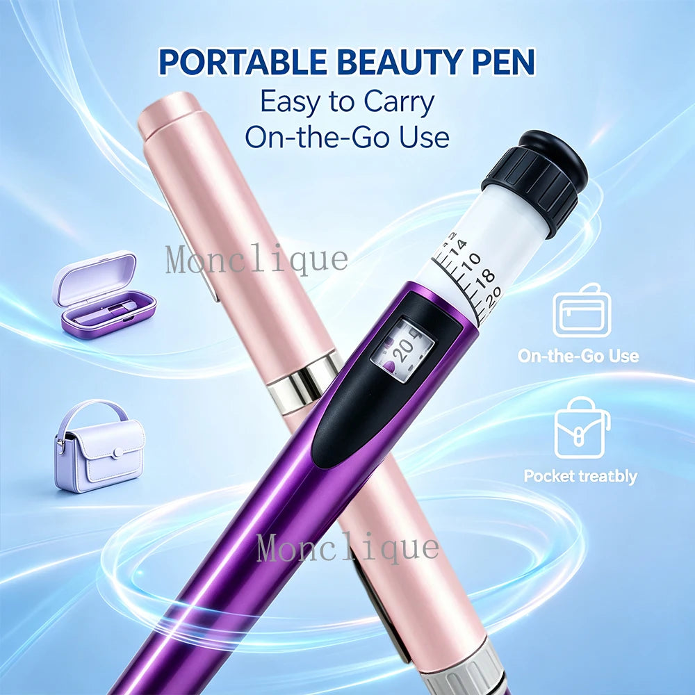 A portable beauty pen in pink and purple is shown with an open case and a small bag for on-the-go use.
