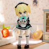 A blonde Articulated BJD collectible figurine in a black and white outfit with a light blue bow and ruffled skirt.