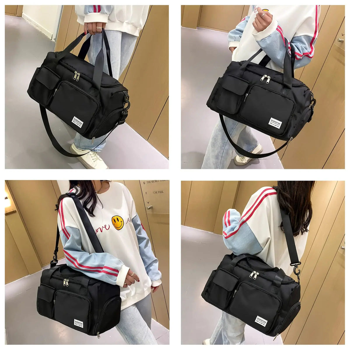 A black waterproof travel duffle bag with a shoe compartment being carried by a person.