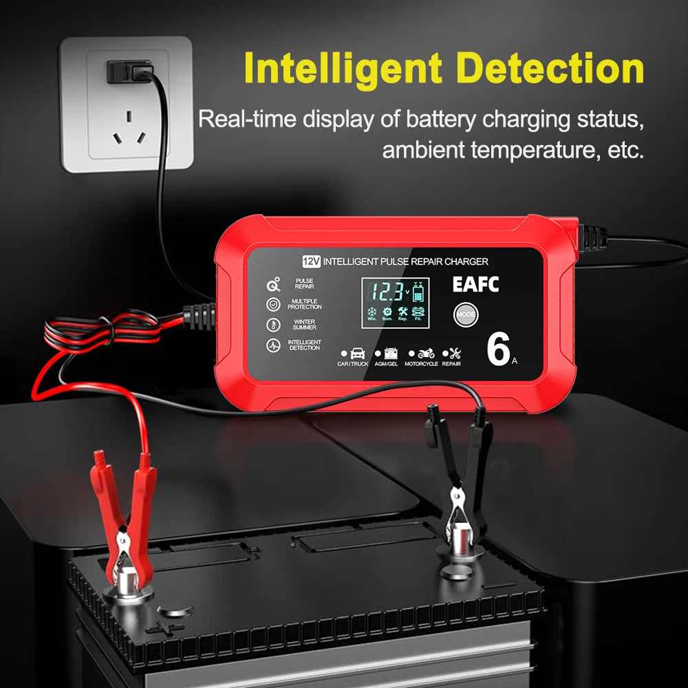 A red intelligent pulse repair battery charger with an LCD display is shown plugged into a vehicle battery terminal.