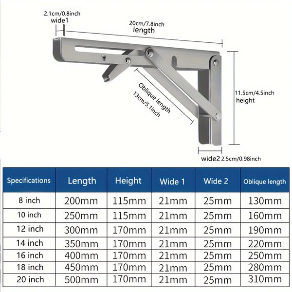Supports de fixation pliables en acier inoxydable avec dimensions et angles pour différentes longueurs