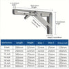 Stainless steel folding shelf brackets showing various sizes and dimensions for mounting