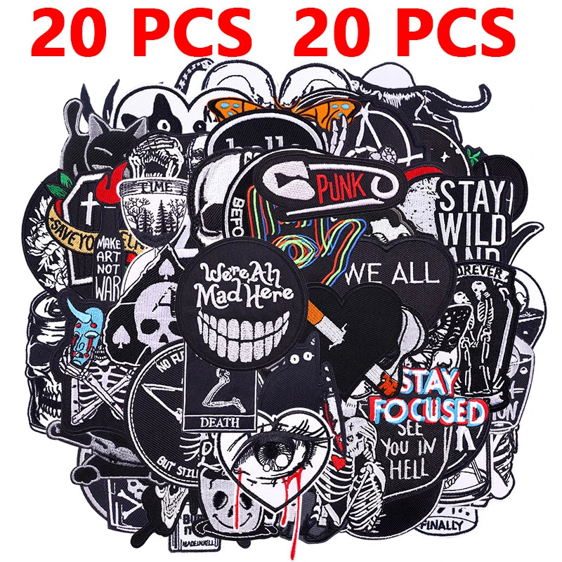 A variety pack of black embroidered punk patches for DIY clothing customization.