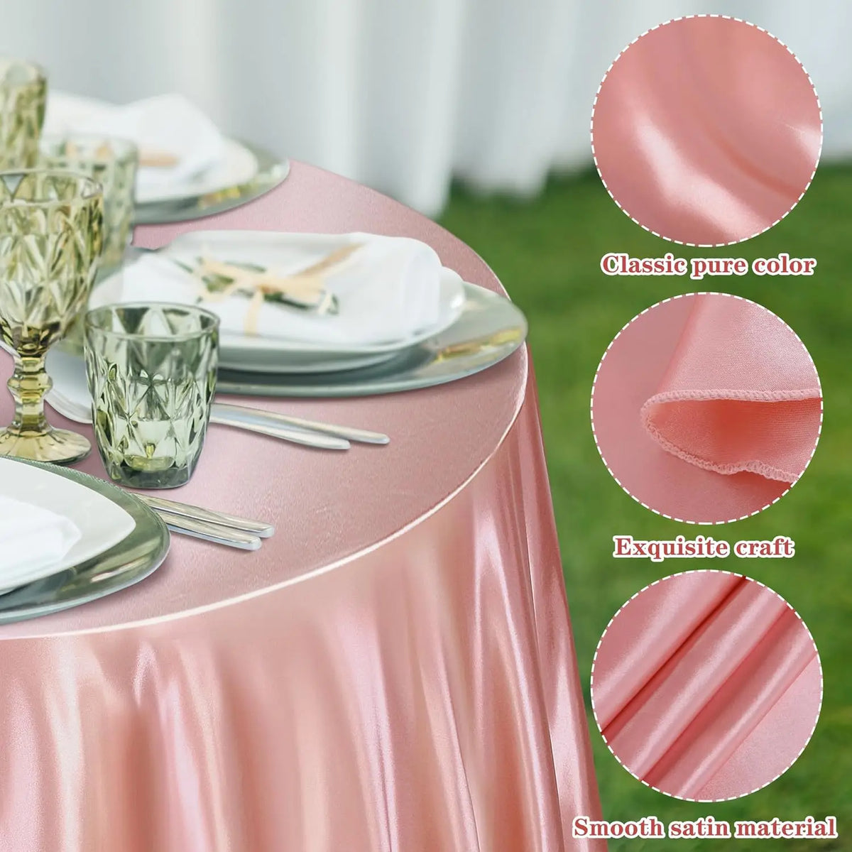 Pink satin tablecloth draped on a round table with silverware and glassware, showing the smooth fabric texture.