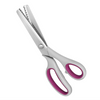 A pair of professional pink and silver blinking shears with stainless steel blades.