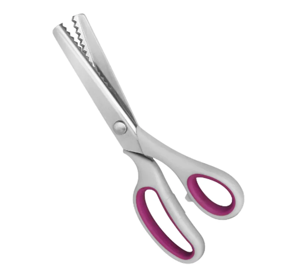 A pair of professional pink and silver blinking shears with stainless steel blades.
