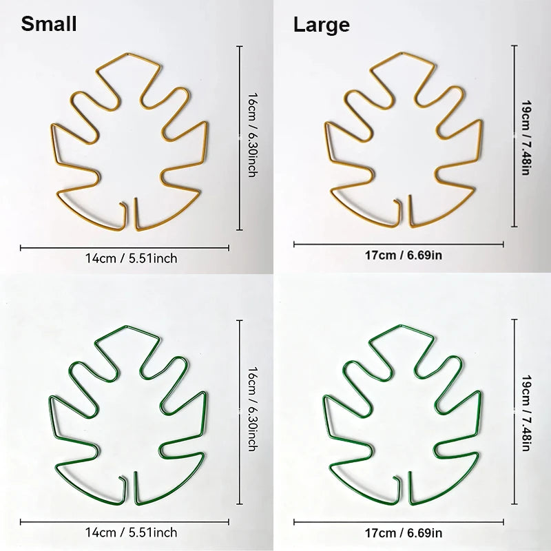 Two versions of a metal monstera plant support frame are shown, one small and one large.