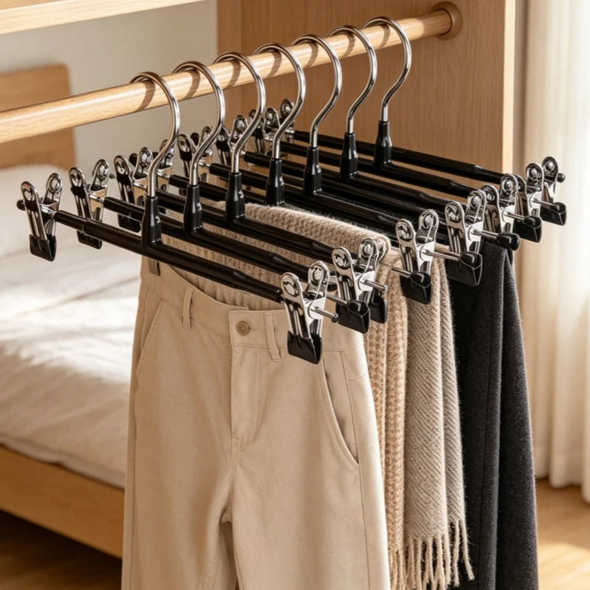 A set of five anti-slip stainless steel hangers with clips hanging on a wooden rod.